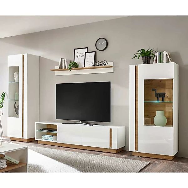 Wohnzimmerschrankwand in Weiß und Wildeiche Optik Skandi Design (vierteilig günstig online kaufen