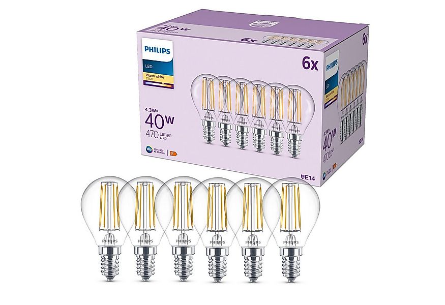 Philips LED-Leuchtmittel Classic 40W Non-Dim, E14, 6 St., Warmweiß günstig online kaufen