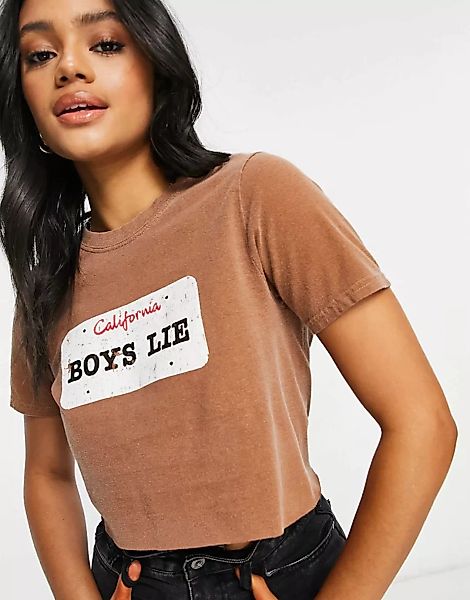 In The Style – Kurz geschnittenes T-Shirt mit Slogan in Braun günstig online kaufen