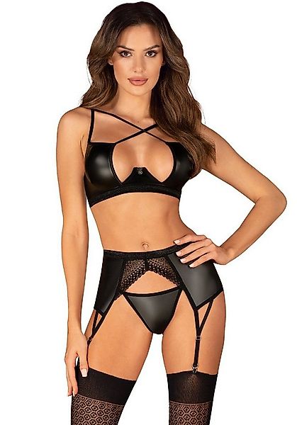 Obsessive Set: Bügel-BH BH, String und Strumpfgürtel im Wetlook - schwarz ( günstig online kaufen