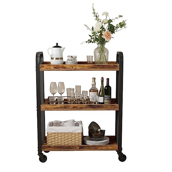 Songmics Servierwagen Derry mit Rollen 3 Ablagen Braun-Schwarz günstig online kaufen