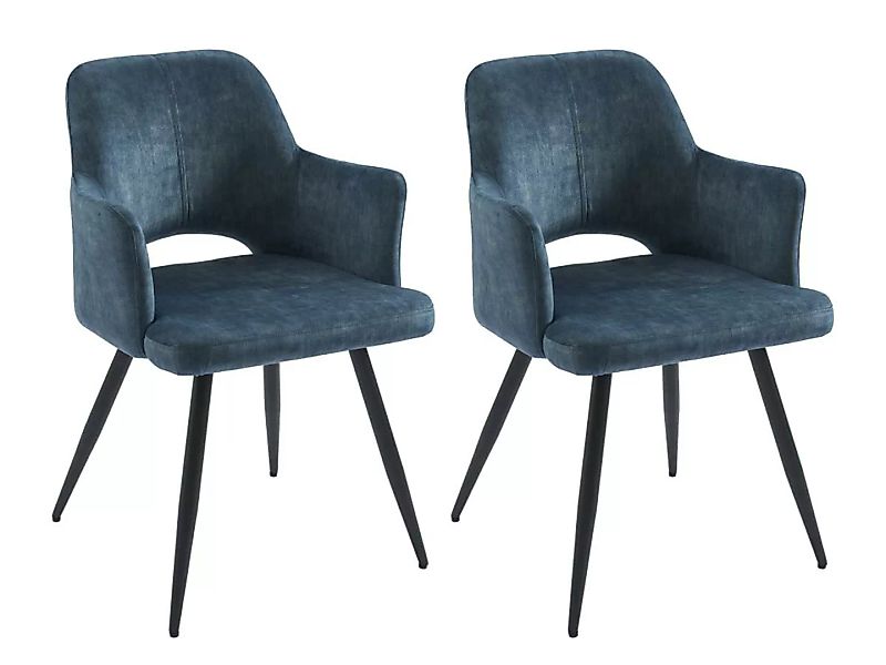 Stuhl mit Armlehnen - 2er-Set - Stoff & schwarzes Metall - Blau - KADIJA günstig online kaufen