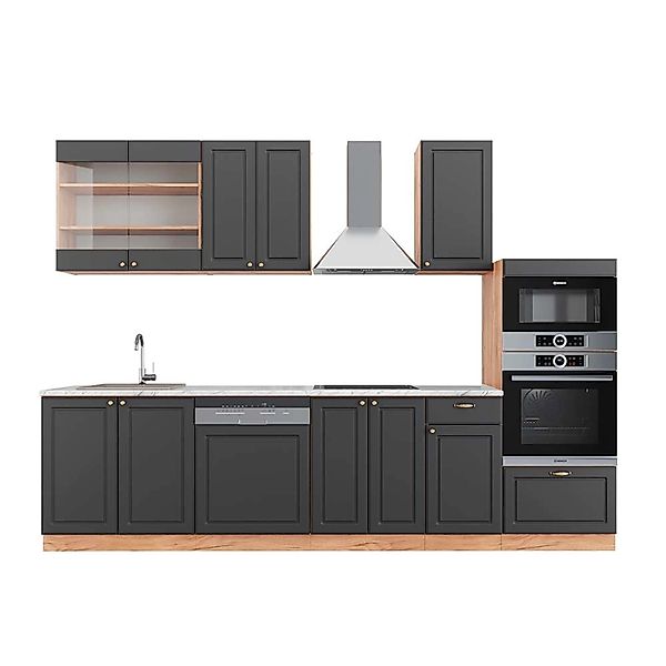Vicco Fame-Line Küchenzeile Anthrazit Landhaus/Goldkraft Eiche 300 cm mit H günstig online kaufen