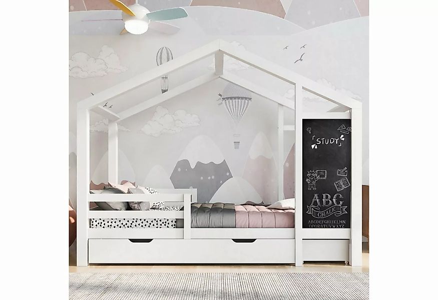 SOFTWEARY Kinderbett Hausbett mit Lattenrost und 2 Schubladen (90x200 cm), günstig online kaufen