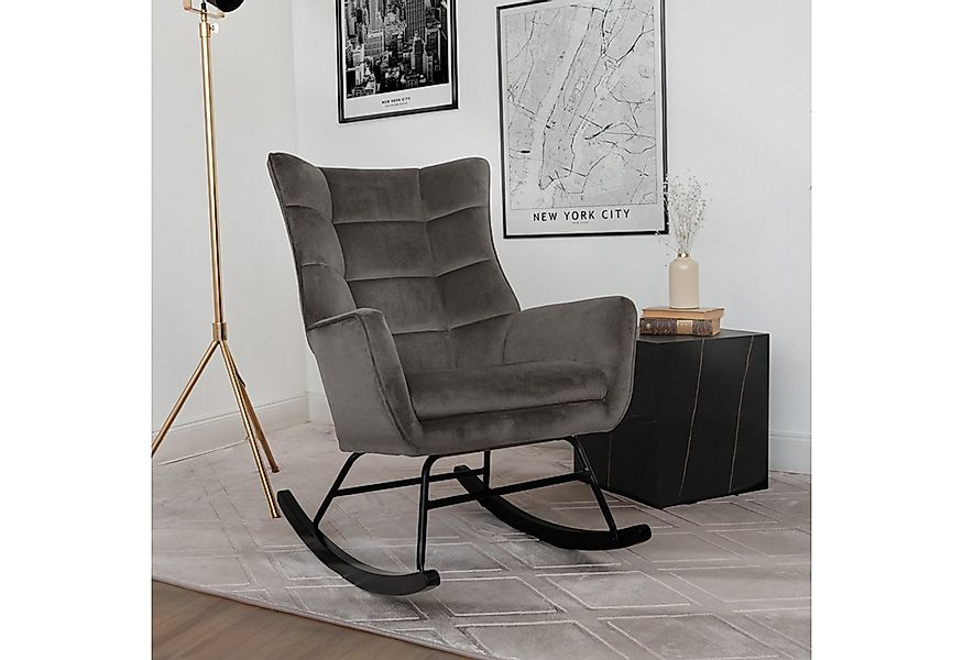 Qiyano Schaukelstuhl Medira Grau Samtstoff mit Metallgestell und Holzkufen günstig online kaufen