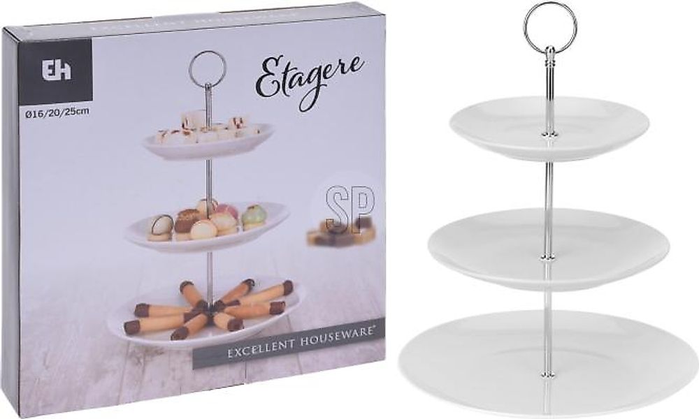 ETAGERE 1 Stück 3 Ablagen Durchmesser ca. 16/20/25 cm  Porzellan Weiß / Sil günstig online kaufen