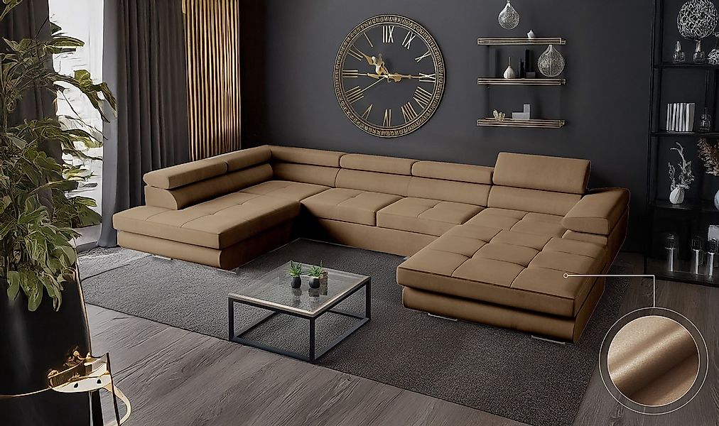 Goldstoff Wohnlandschaft mit Schlaffunktion, Couch für Wohnzimmer - Schlafs günstig online kaufen