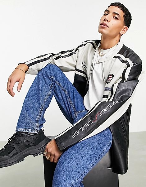 ASOS DESIGN – Racer-Jacke aus Kunstleder in Schwarz mit Oversize-Schnitt un günstig online kaufen