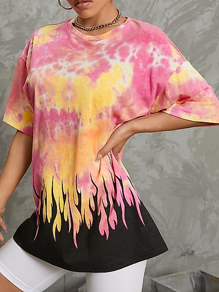 YOINS Tie Dye Feuermuster Print Kurzhals-T-Shirt mit Rundhalsausschnitt günstig online kaufen