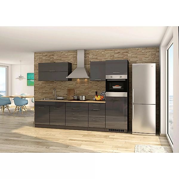 Held Möbel Küchenzeile Mailand 290 cm Grau Hochglanz-Grau Matt ohne E-Gerät günstig online kaufen
