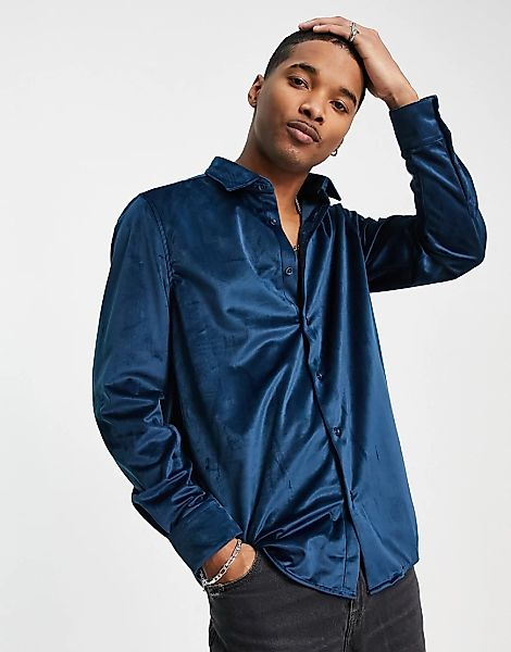 Devil's Advocate – Oversize-Hemd aus Samt-Blau günstig online kaufen