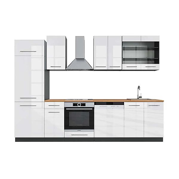 Vicco Fame-Line Küchenzeile Weiß Hochglanz/Anthrazit 300 cm AP Eiche ohne E günstig online kaufen