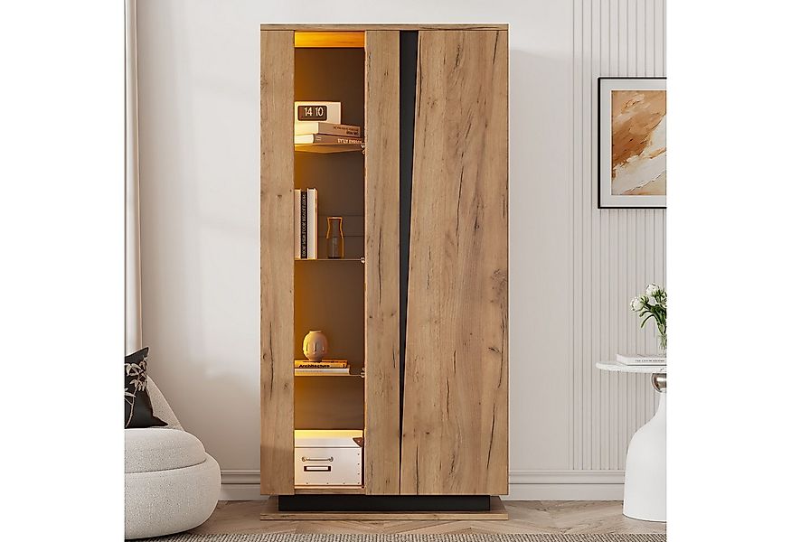 Merax Vitrine mit LED-Beleuchtung in Holzoptik mit Schwarz (Wohnzimmerschra günstig online kaufen