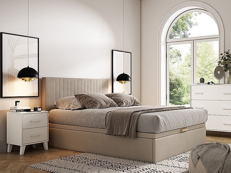 Bettgestell mit Bettkasten - 160 x 200 cm - Stoff - Beige - CENOVAS von YSM günstig online kaufen