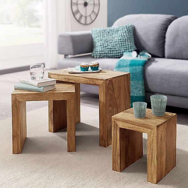 3er Set Satztisch Massiv-Holz Akazie Wohnzimmer-Tisch Landhaus-Stil Beistel günstig online kaufen