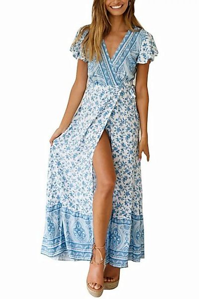 JDMGZSR Druckkleid Damen retro Sommerkleid V-Ausschnitt Strandkleid freizei günstig online kaufen