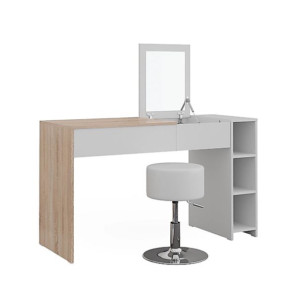 Vicco Schminktisch Kira Weiß/Sonoma/Sonoma 130 cm mit Hocker und Einklappba günstig online kaufen