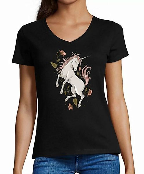 MyDesign24 T-Shirt Damen Pferde Print Shirt bedruckt - Einhorn mit Blumen V günstig online kaufen