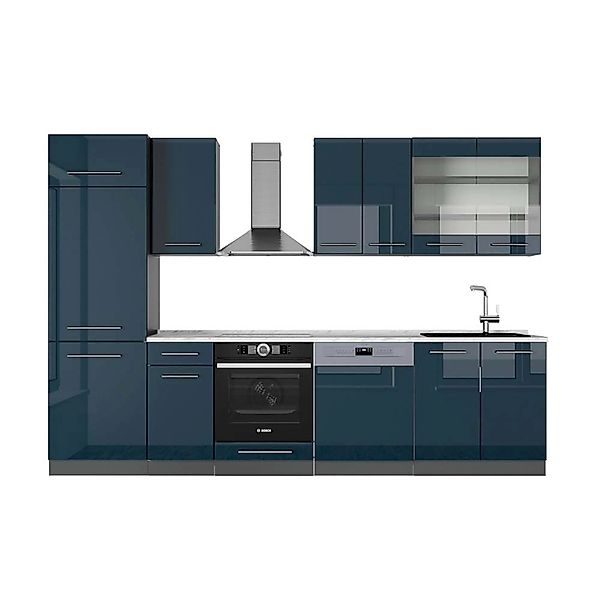 Vicco Fame-Line Küchenzeile Dunkelblau Hochglanz/Anthrazit 300 cm AP Marmor günstig online kaufen