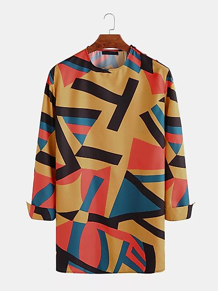 Herren Casual Geometric Stitching Farbe Rundhalsausschnitt Mid Long Shirts günstig online kaufen