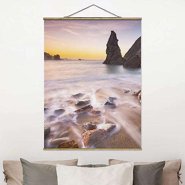 Stoffbild Strand mit Posterleisten - Hochformat Spanischer Strand bei Sonne günstig online kaufen