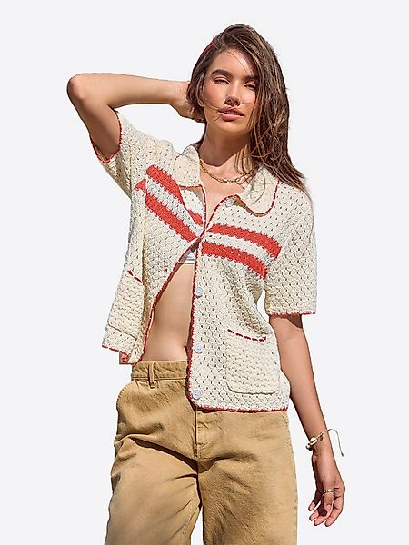 Imily Bela Cardigan Damen Kurzarm mit Lochmuster Polokragen und Kontraststr günstig online kaufen