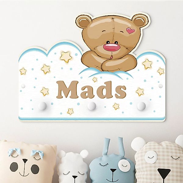 Kindergarderobe Holz mit Namen Wolken Teddy mit Wunschnamen günstig online kaufen