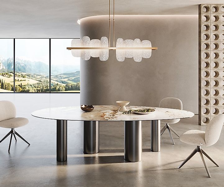 Esstisch Edge Oval 280x130 Keramik Minas Melange Weiß-Beige Pilier Edelstah günstig online kaufen