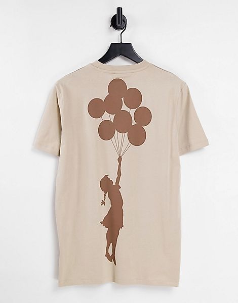 ASOS DESIGN – T-Shirt in Beige mit Banksy-Aufdruck-Schwarz günstig online kaufen