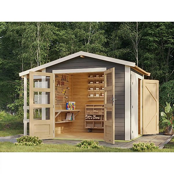 Karibu Gartenhaus Flexi 28 mm Satteldach Terragrau 4,87 m² günstig online kaufen