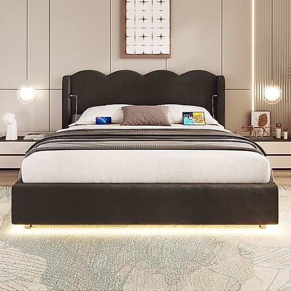 Celya Polsterbett Doppelbett mit LED-Licht und USB-Ladefunktion, Samtstoff günstig online kaufen