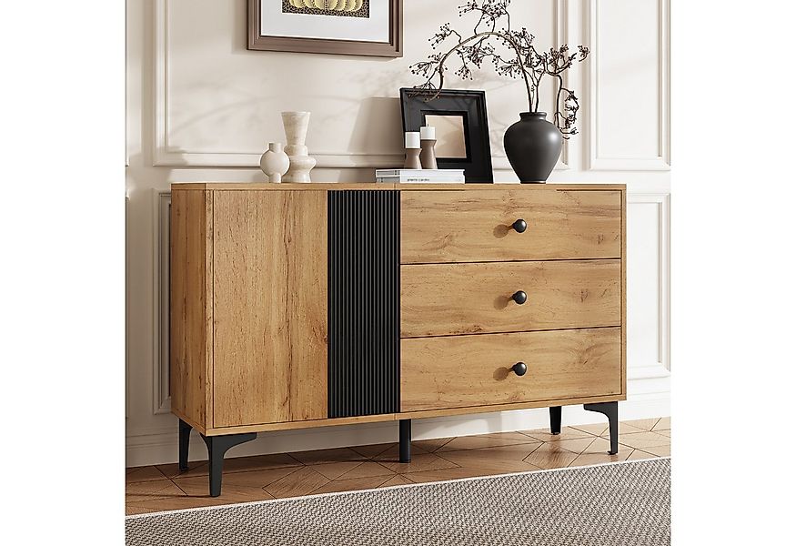 OKWISH Sideboard 120x35x76 cm mit Tür und 3 Schubladen – natur/schwarz (Pac günstig online kaufen
