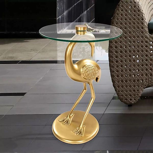 Glas Beistelltisch mit Vogel Säulengestell in Goldfarben rund günstig online kaufen