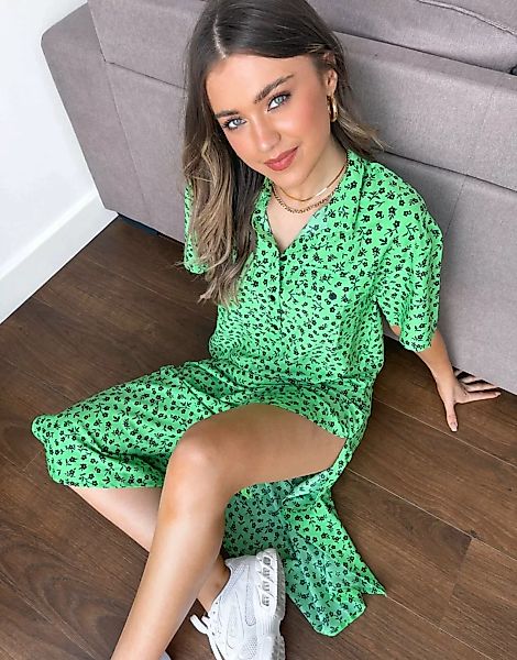 Wednesday's Girl – Legeres Midi-Hemdkleid mit Blümchenmuster-Grün günstig online kaufen
