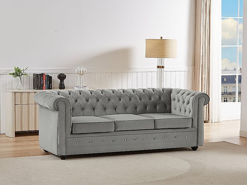 Sofa mit Schlaffunktion 3-Sitzer - Samt - Hellgrau - CHESTERFIELD günstig online kaufen