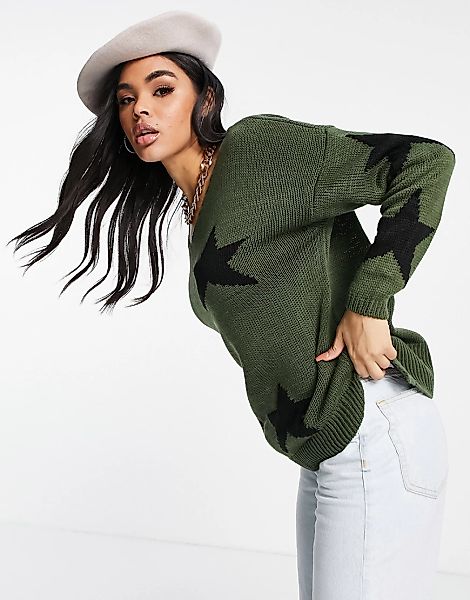 NaaNaa – Pullover in Schwarz und Khaki mit Sterneprint-Mehrfarbig günstig online kaufen