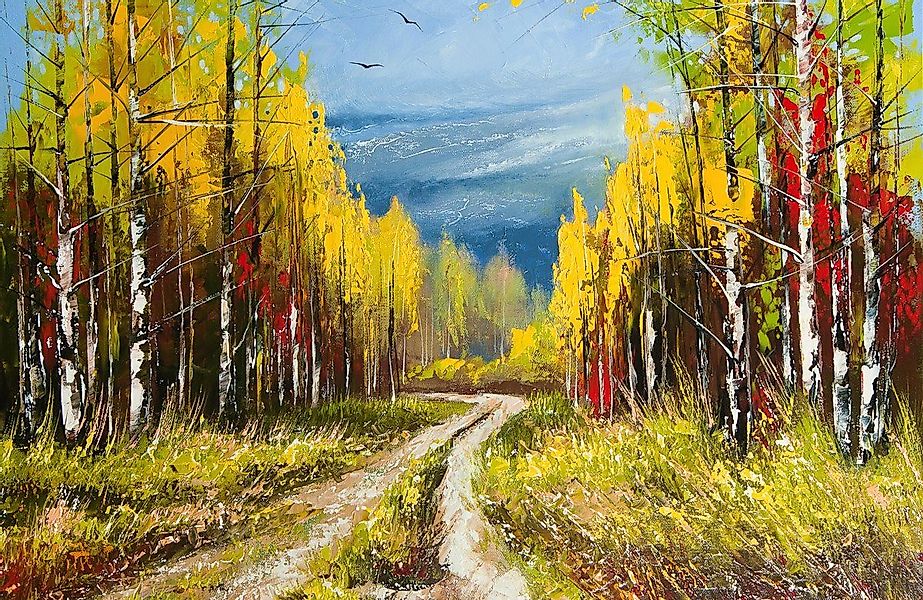 Papermoon Fototapete WALD-WEG-MALEREI HERBST LANDSCHAFT GEBIRGE günstig online kaufen