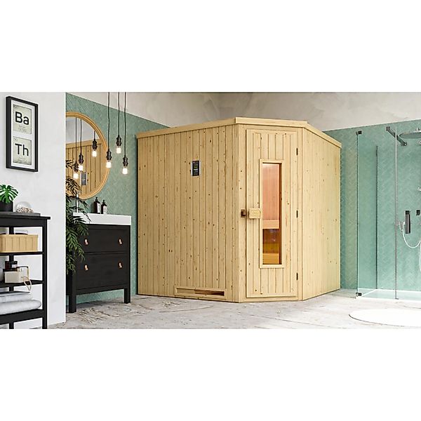 Weka Element-Ecksauna Varberg 3 Sparset 7,5 kW OS Holztür Saunaleuchtenset günstig online kaufen