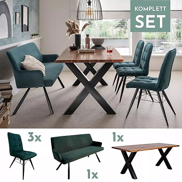 Indoormöbelset Stuhl Vicenza und Sofa Modena dunkelgrün und Baumkantentisch günstig online kaufen