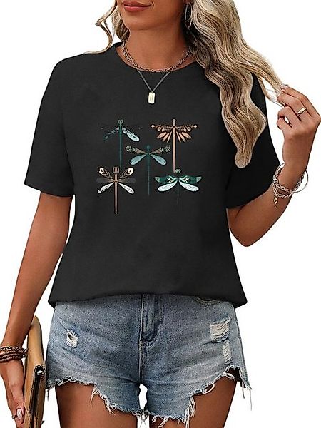 PYL Rundhalsshirt Damen Sommer Kurzarmbluse Locker Libelle Print-Shirt günstig online kaufen