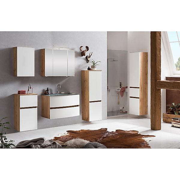 Held Möbel 2-tlg. Waschtisch-Set Salerno 80 cm matt Weiß-Wotaneiche Glasbec günstig online kaufen