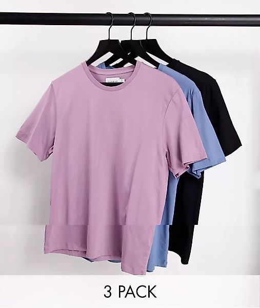 Topman – Klassische T-Shirts in Schwarz, Blau und Rosa im 3er-Pack-Mehrfarb günstig online kaufen