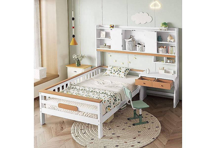 SOFTWEARY Jugendbett mit Schreibtisch und Bücherregal (90x200 cm), Kinderbe günstig online kaufen
