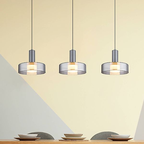 LED-Hängelampe Grant, Länge 90 cm, rauchgrau, 3-flg., Glas günstig online kaufen