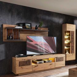 Wohnwand in Wildeiche Hirnholz Optik Dunkelgrau (dreiteilig) günstig online kaufen