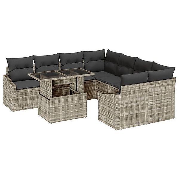 vidaXL Loungesofa 9-tlg. Garten-Sofagarnitur mit Kissen Hellgrau Poly Ratta günstig online kaufen