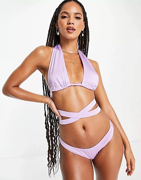 ASOS DESIGN – Bikinihüfthose in Flieder mit hohem Beinausschnitt-Lila günstig online kaufen