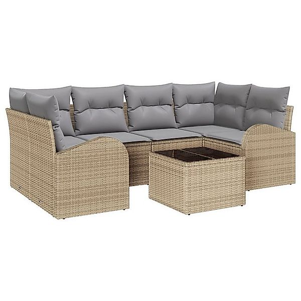 vidaXL Loungesofa 7-teiliges Garten Sofa Set mit Kissen Beige Poly Rattan, günstig online kaufen
