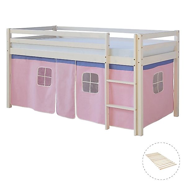 Homestyle4u Hochbett 90x200 mit Vorhang und Lattenrost in Weiß 2550 günstig online kaufen