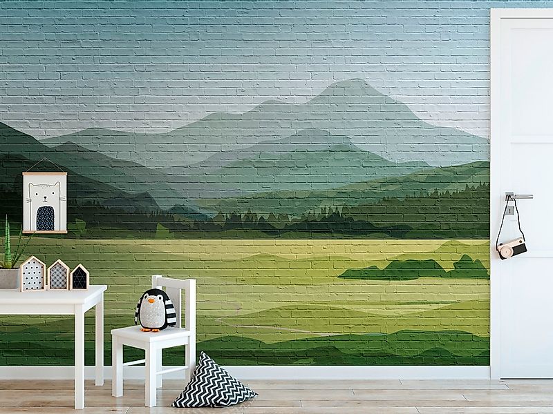 One Wall one Role Fototapete Berge Grün Blau und Grau 371 x 280 cm AS-38298 günstig online kaufen